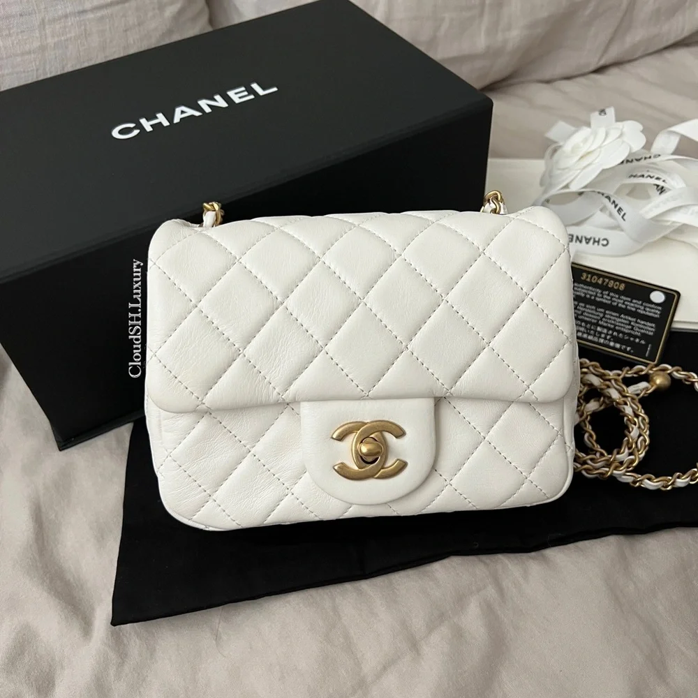 CHANEL | Bags | Auth Chanel White Pearl Crush Mini Square Lambskin